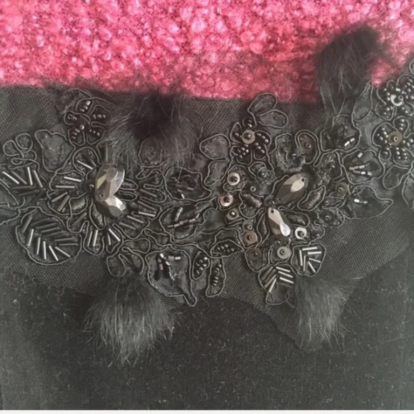 Moschino Jeans | Tweed Velvet Fur Beaded Black Mauve Dress XS - Picture 4 of 7